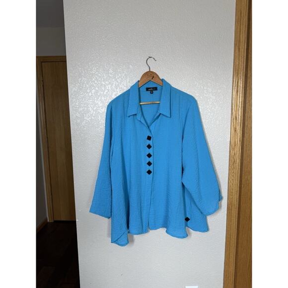 Yushi Women’s Crinkled Knit Button Down Shirt Jacket 1X Bright Blue - Picture 1 of 4
